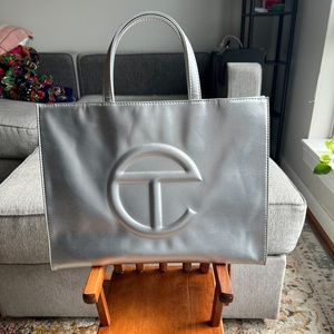 Silver Metallic Telfar Medium Tote Bag - WITHOUT LONG STRAPS